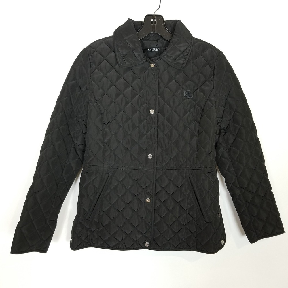 Lauren Ralph Lauren Quilted Snap Front Peplum Jacket S Black Logo Classic Winter